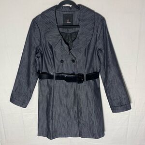 Laura Shiny Dark Blue Denim Pea Coat W Patent Leather Belt 8